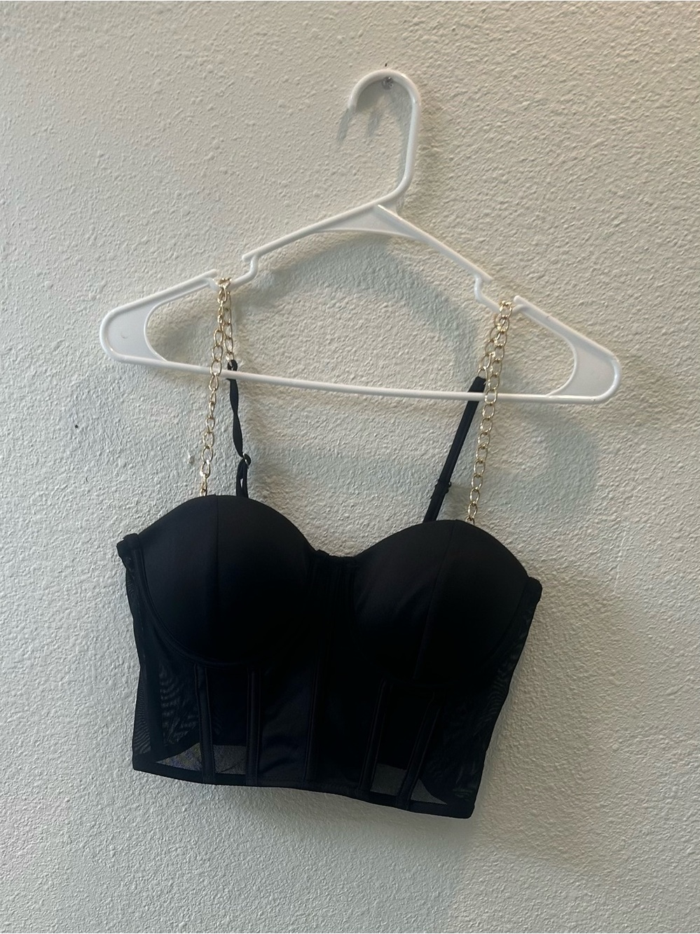 Say What? Black Bustier Crop Top with Gold Chain Straps